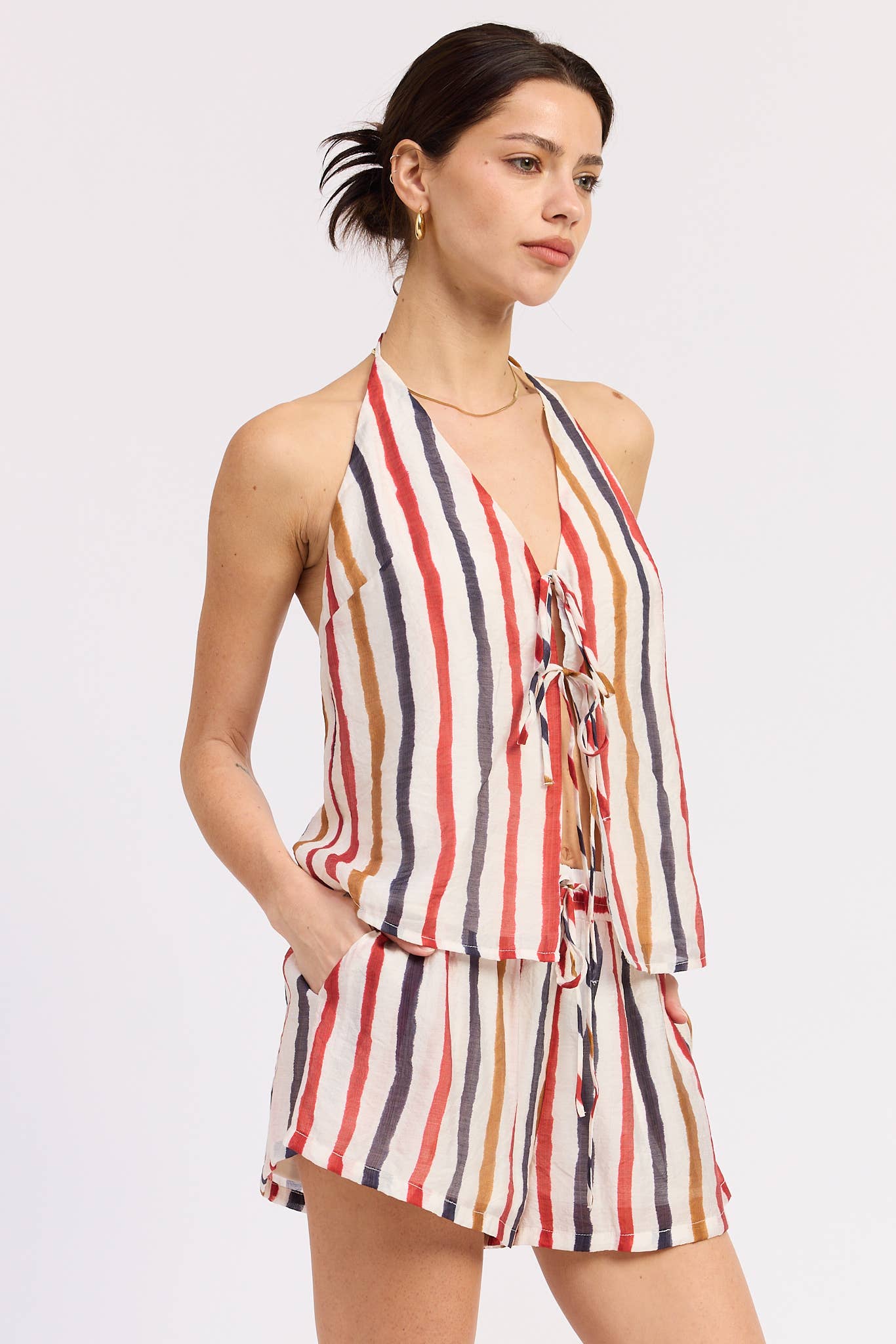 Striped Double Front Tie Top