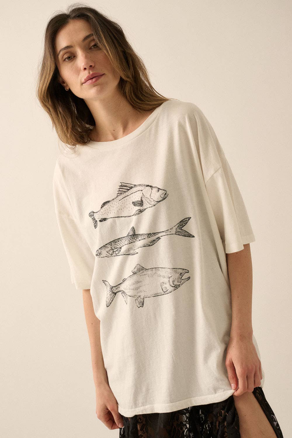 Three Fishes Garment-Washed Oversize Graphic Tee