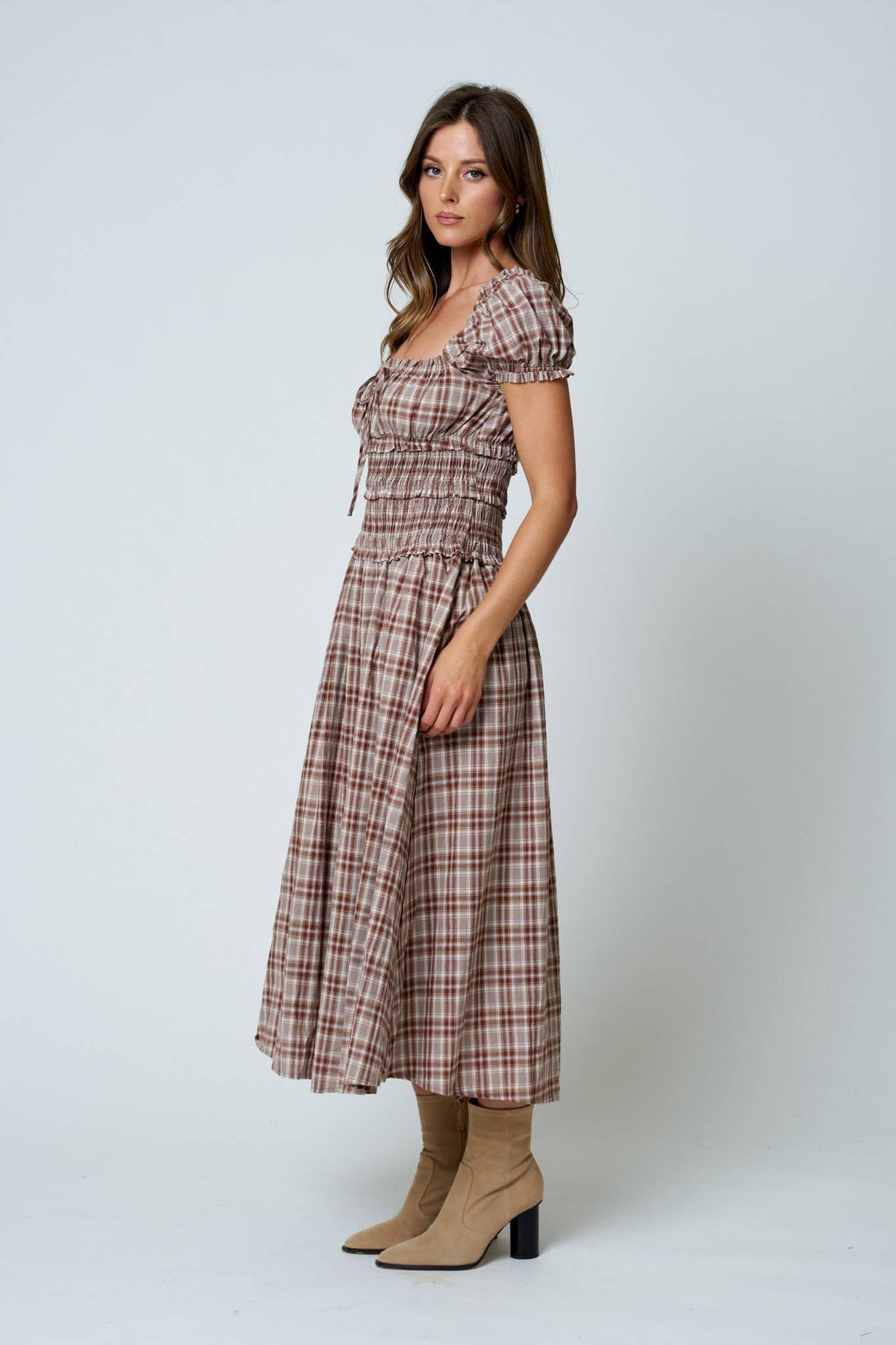 Plaid Smocked Waist Midi Dress