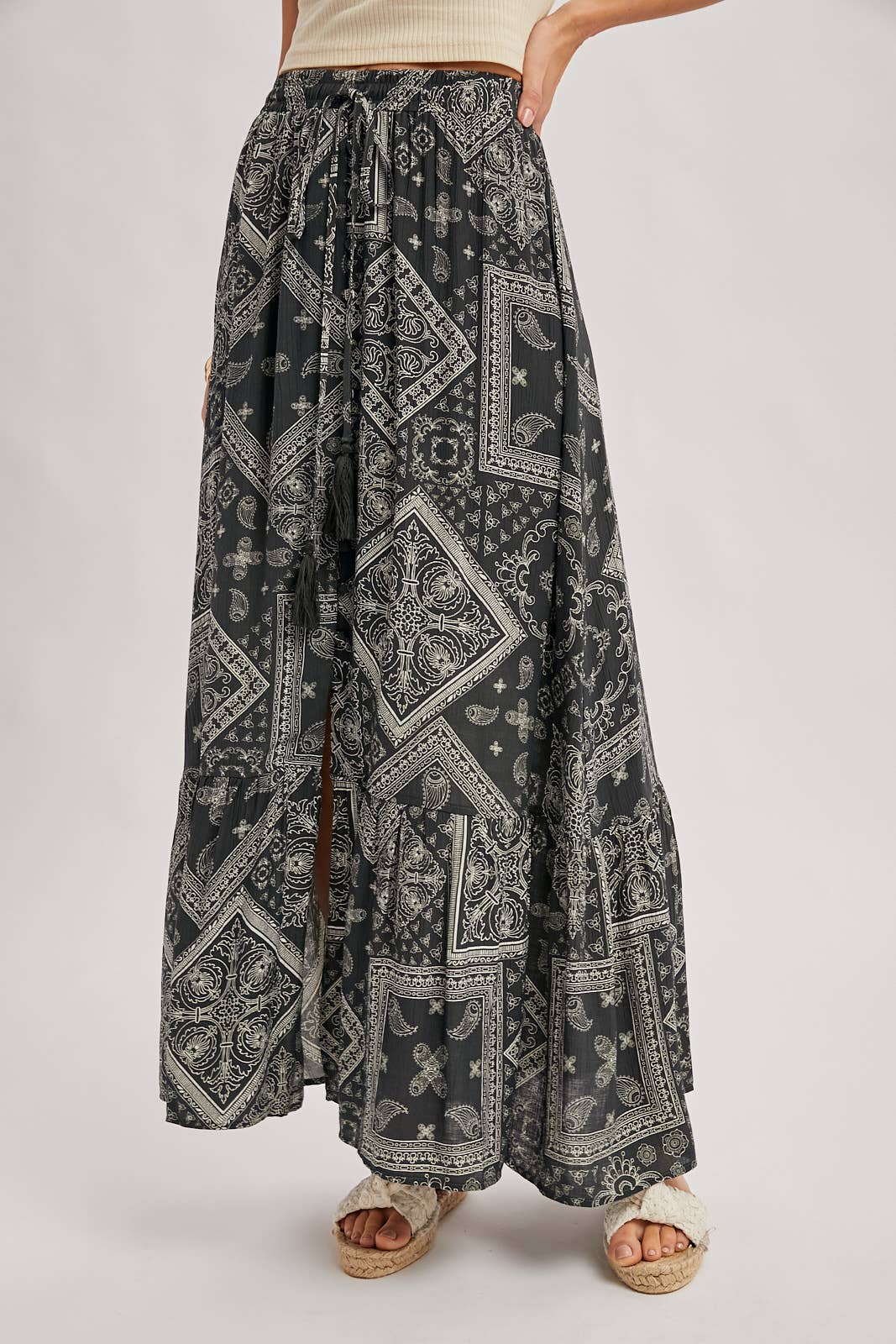 BOHO PRINT TIERED BUTTON DOWN FRONT MAXI SKIRT