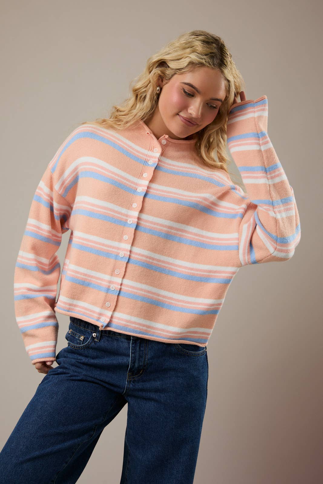 ROLL HEM BUTTONS DETAIL STRIPED CARDIGAN