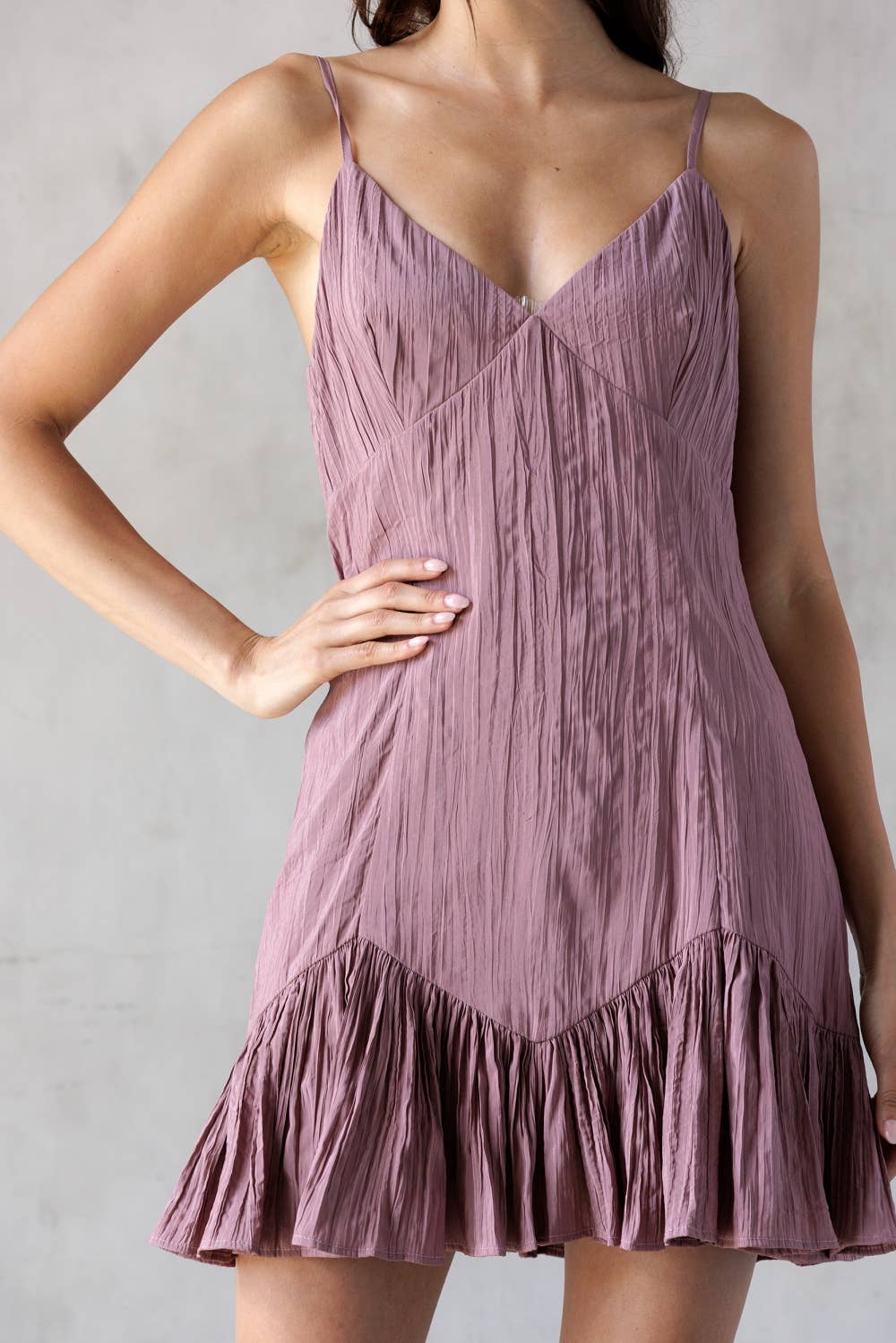 LD2382-RUCHED V-NECK MINI DRESS