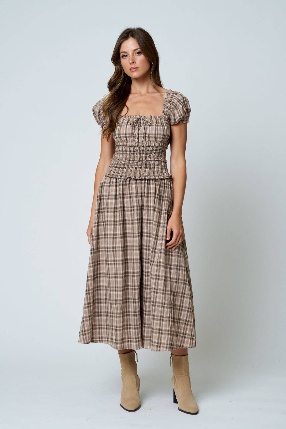 Plaid Smocked Waist Midi Dress