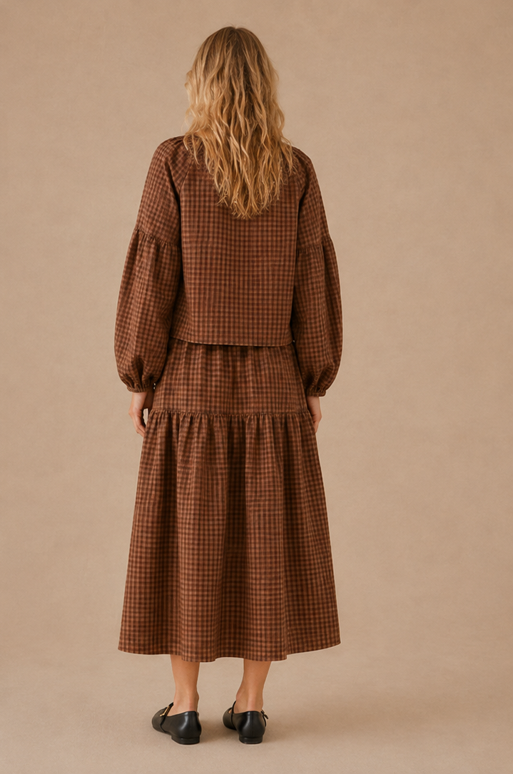 SA10167TS - Gingham Long Sleeve Top and Skirt Set