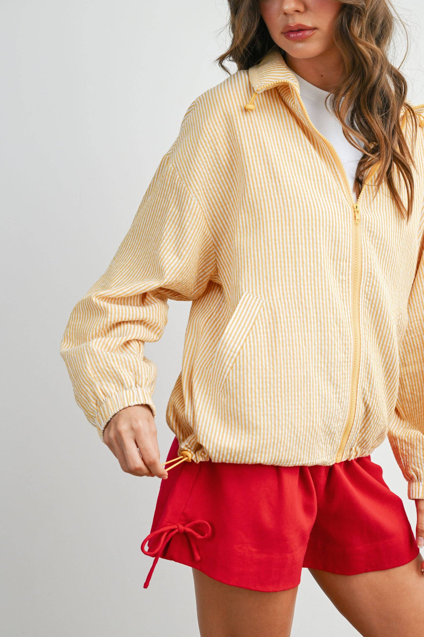 Striped Collared Zip-Front Drawstring Jacket - BMJ7991