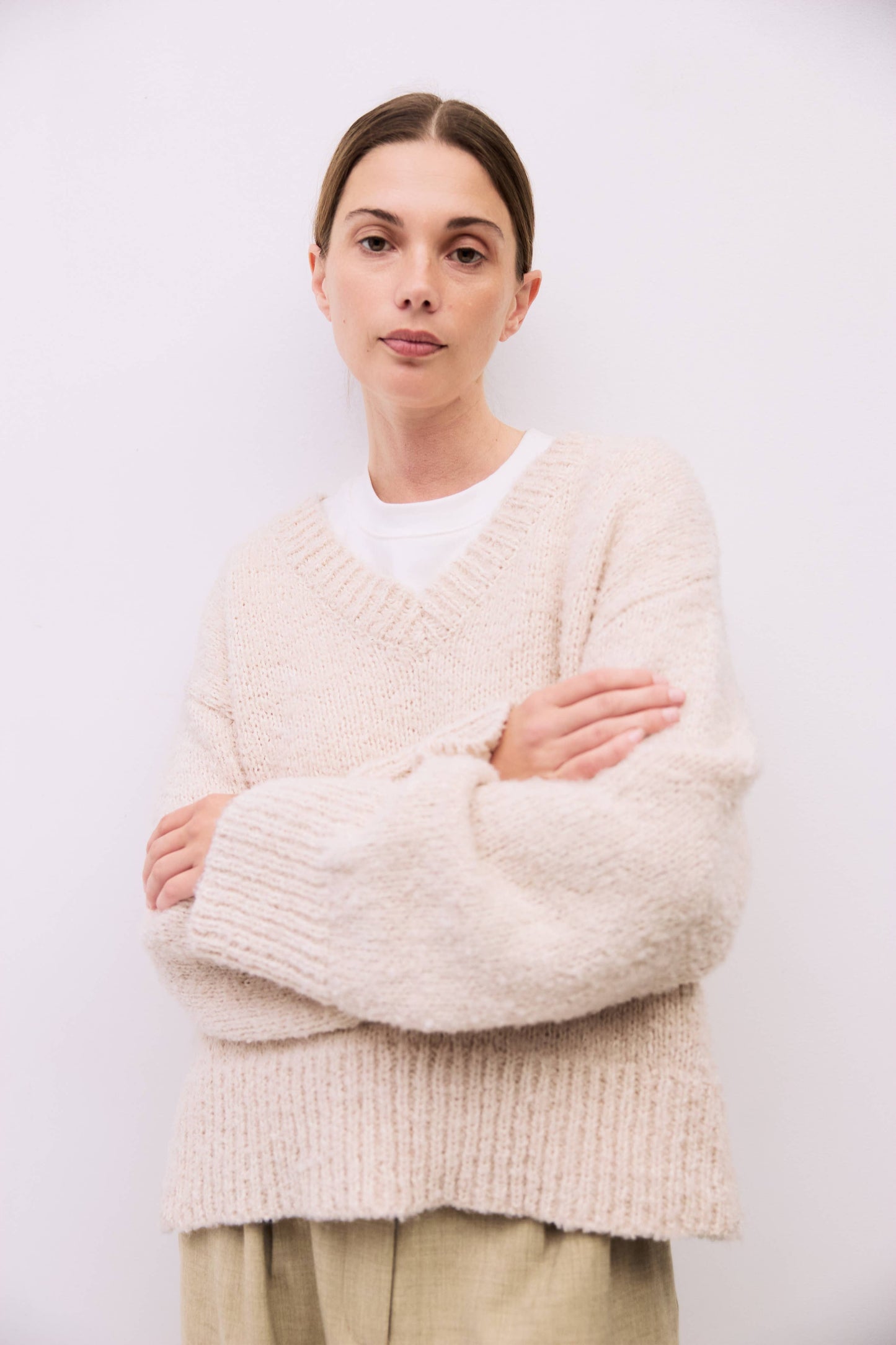 Oversized Boucle Knit V-Neck Sweater
