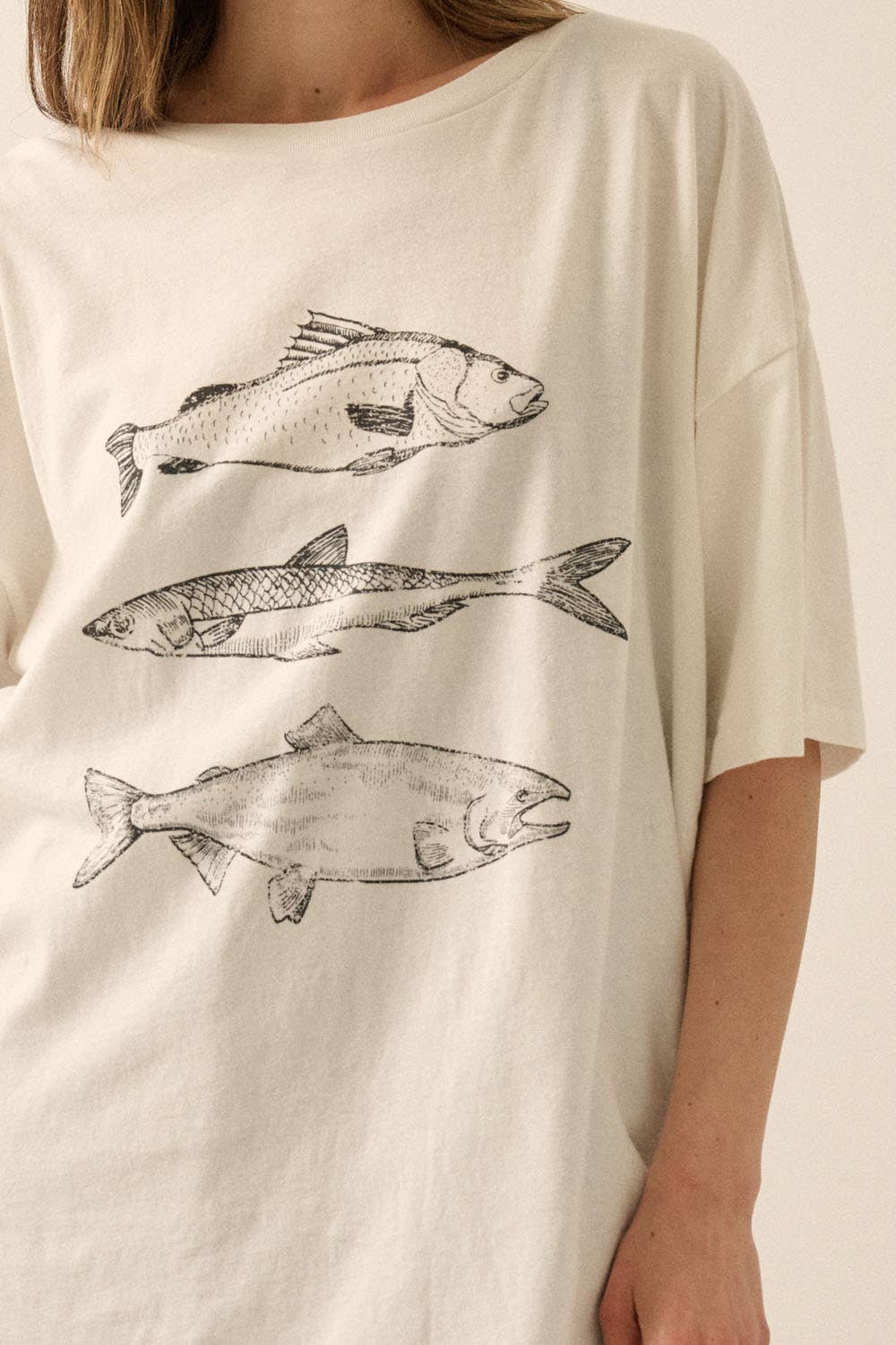 Three Fishes Garment-Washed Oversize Graphic Tee