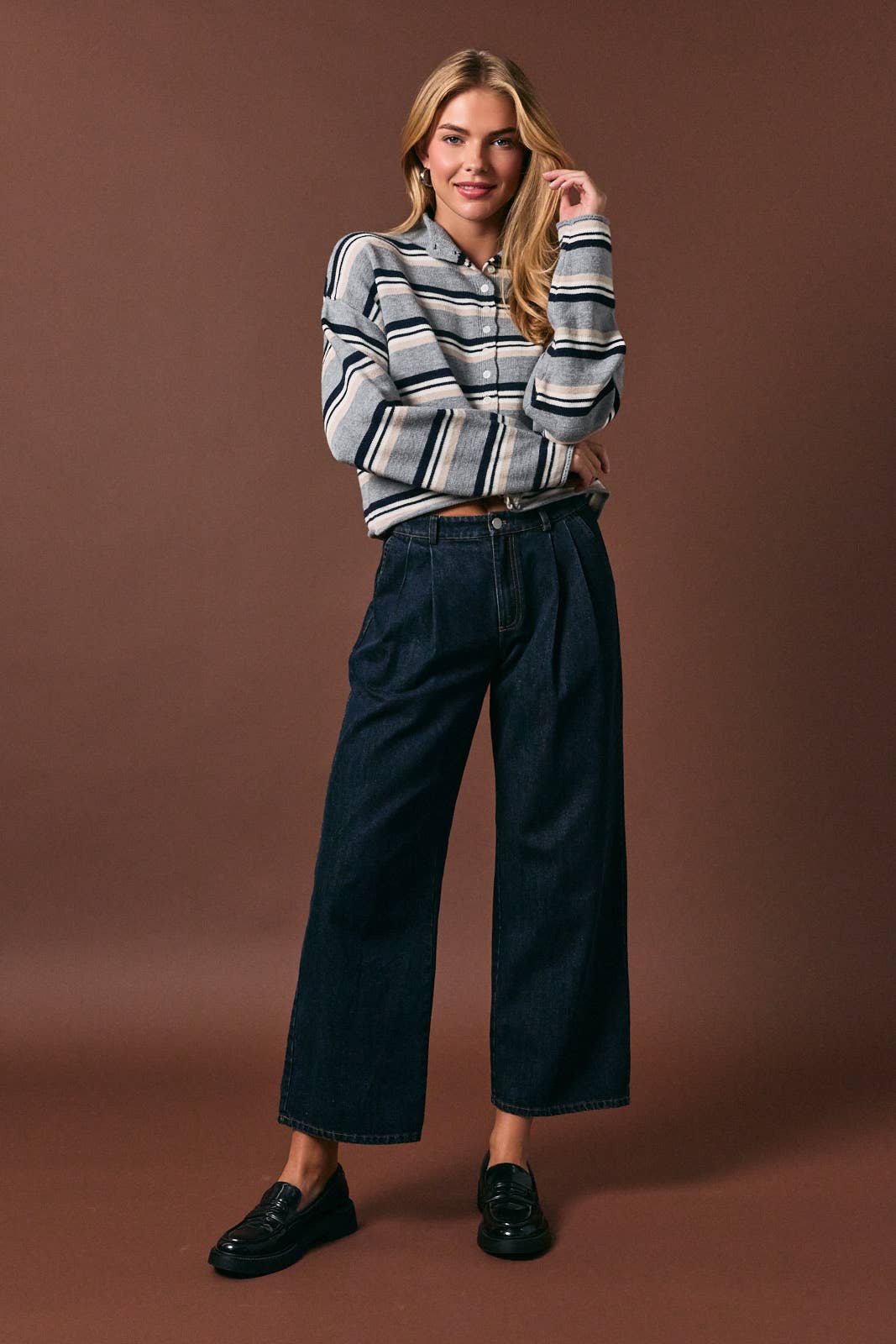 ROLL HEM BUTTONS DETAIL STRIPED CARDIGAN