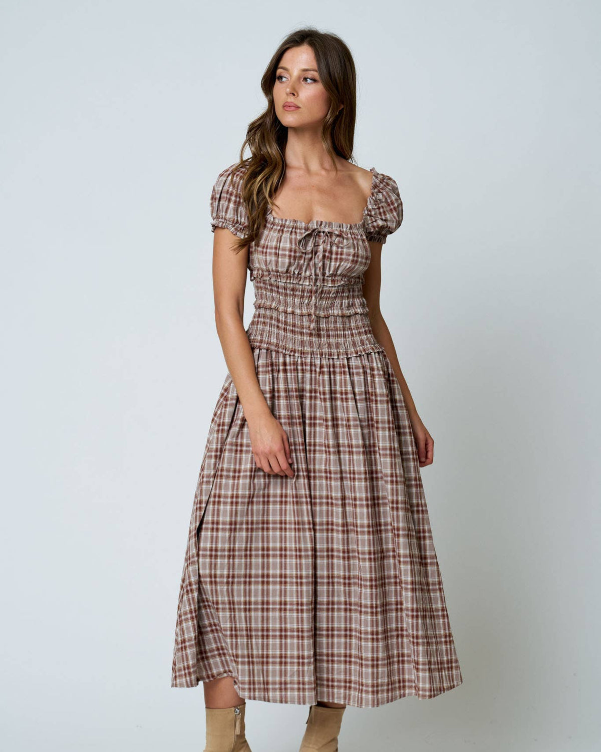 Plaid Smocked Waist Midi Dress