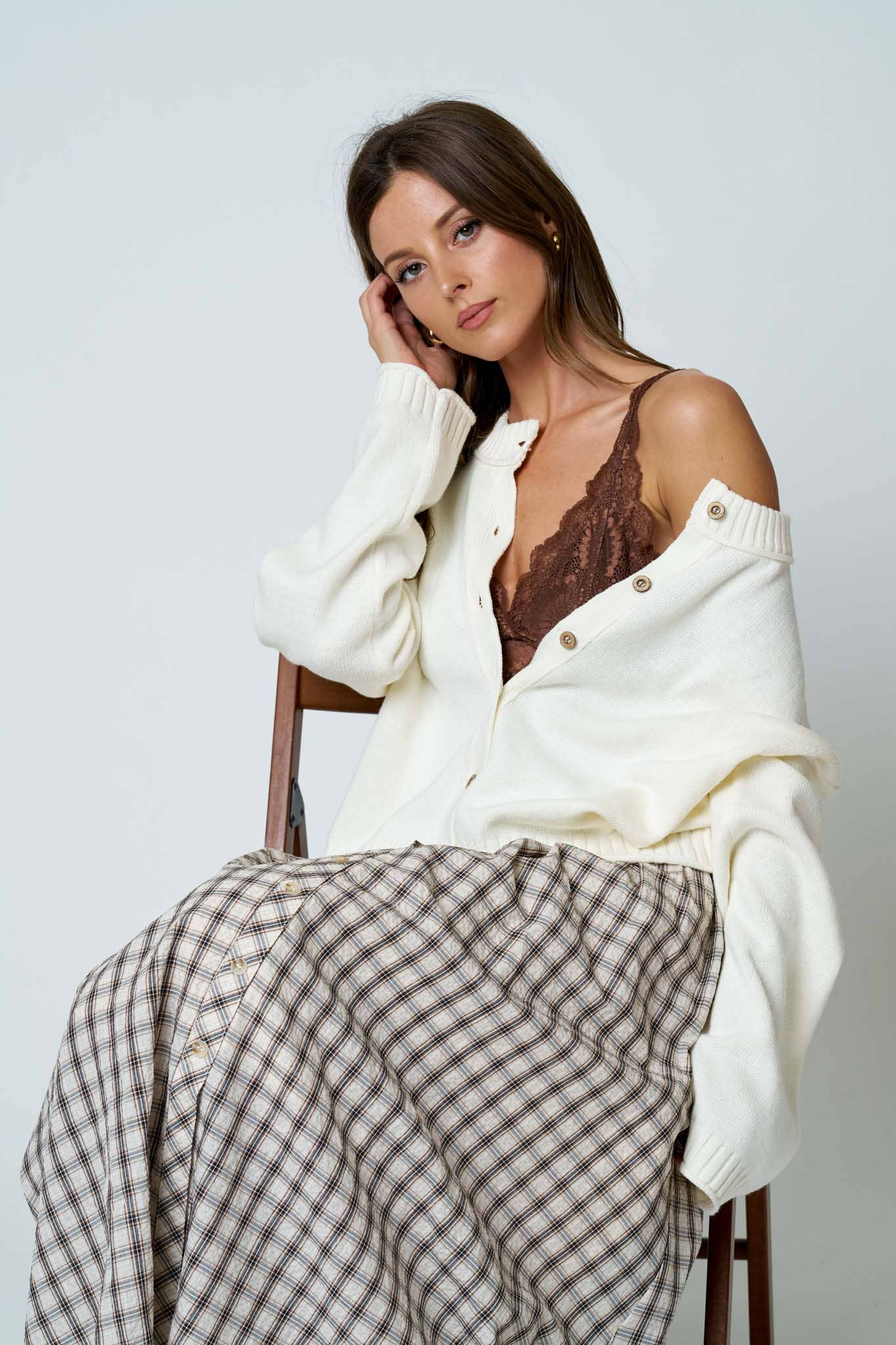 Plaid Smocked Waist Button Down Midi Skirt