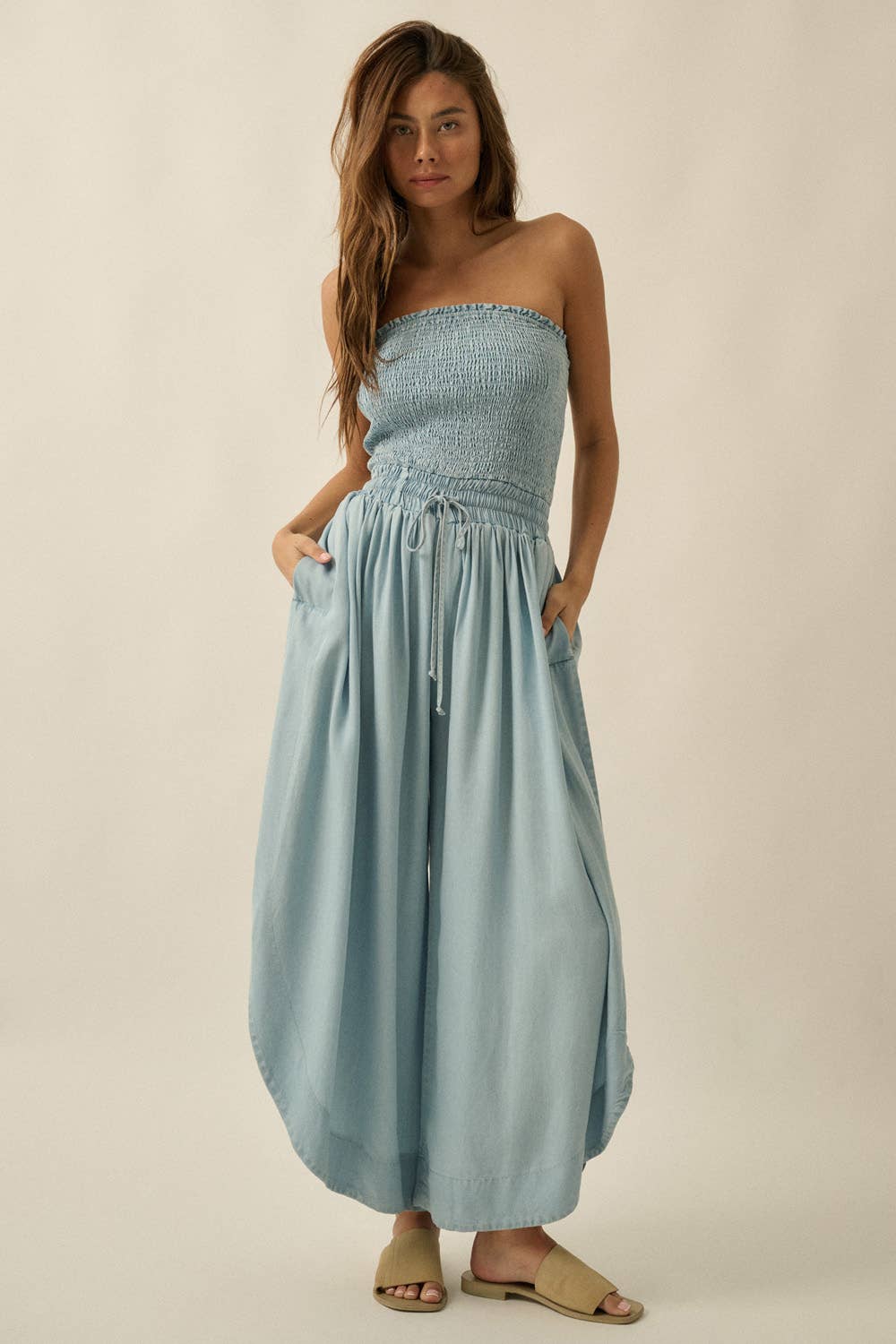 Tencel Denim Smocked Strapless Jumpsuit