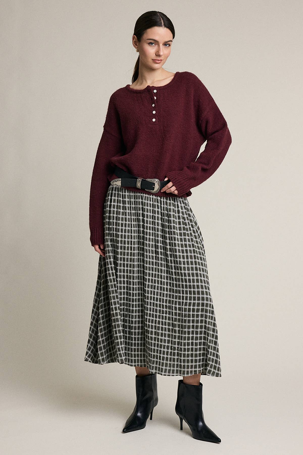 Plaid Smocked Waist Midi Skirt - RS1118