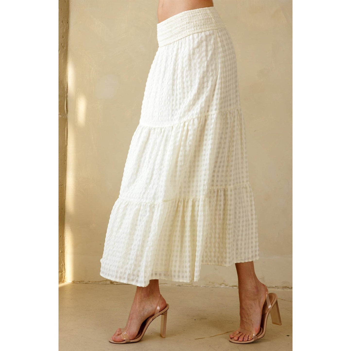 Cream Textured Midi Skirt