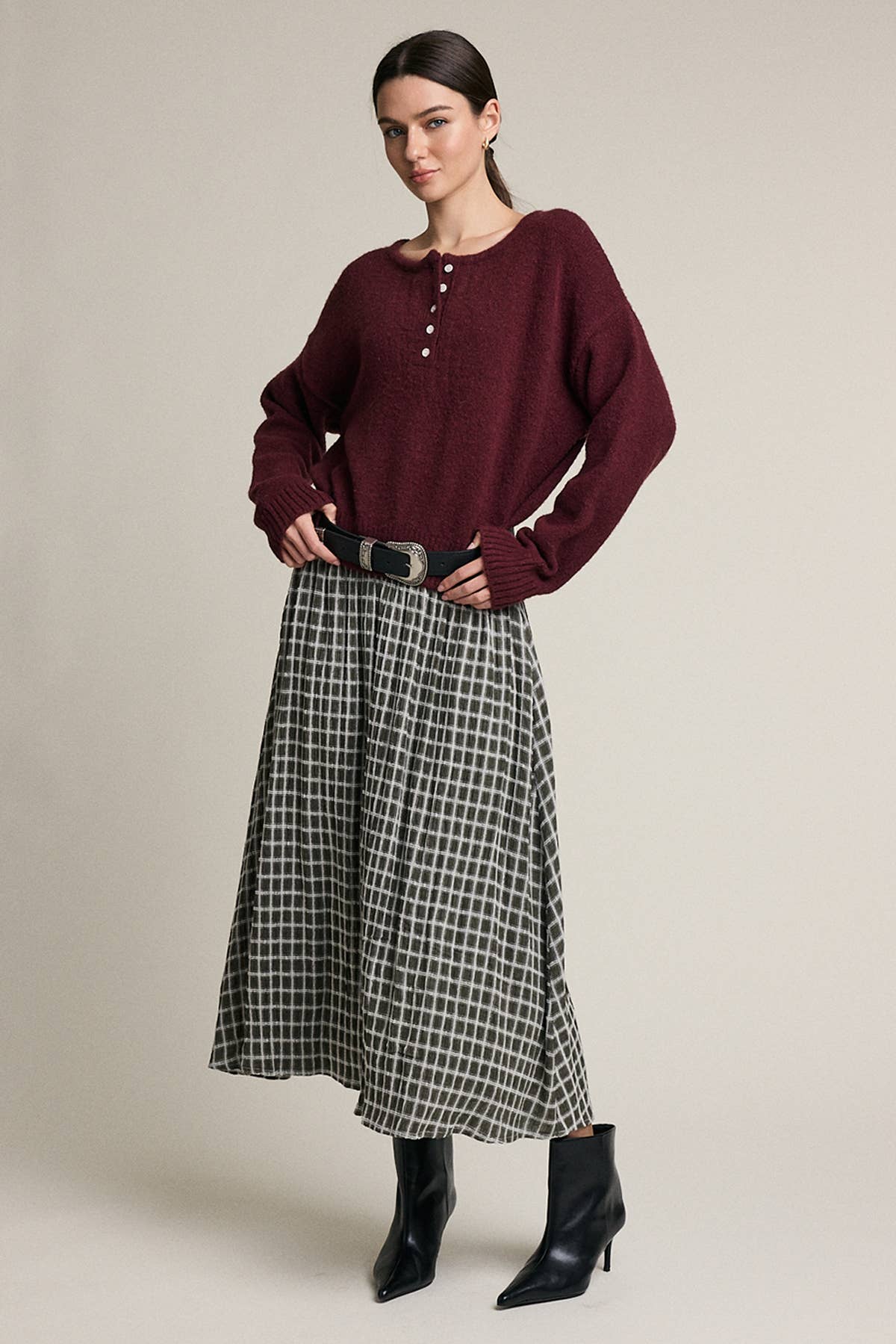 Plaid Smocked Waist Midi Skirt - RS1118