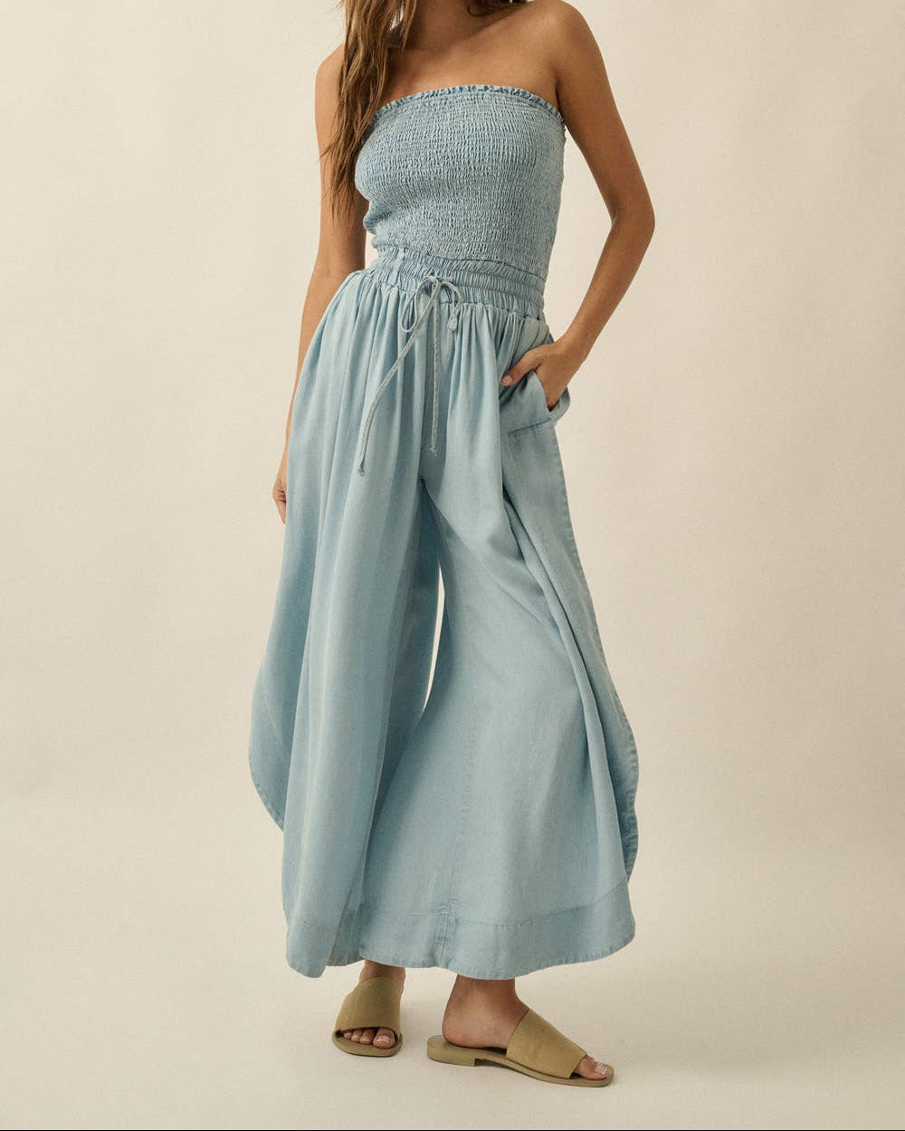 Tencel Denim Smocked Strapless Jumpsuit