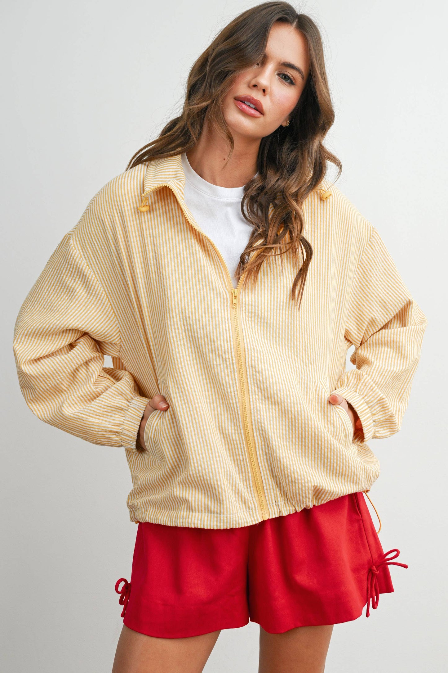 Striped Collared Zip-Front Drawstring Jacket - BMJ7991