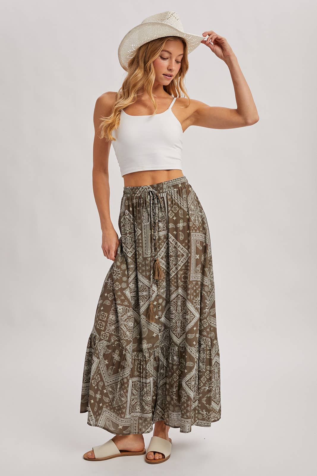 BOHO PRINT TIERED BUTTON DOWN FRONT MAXI SKIRT
