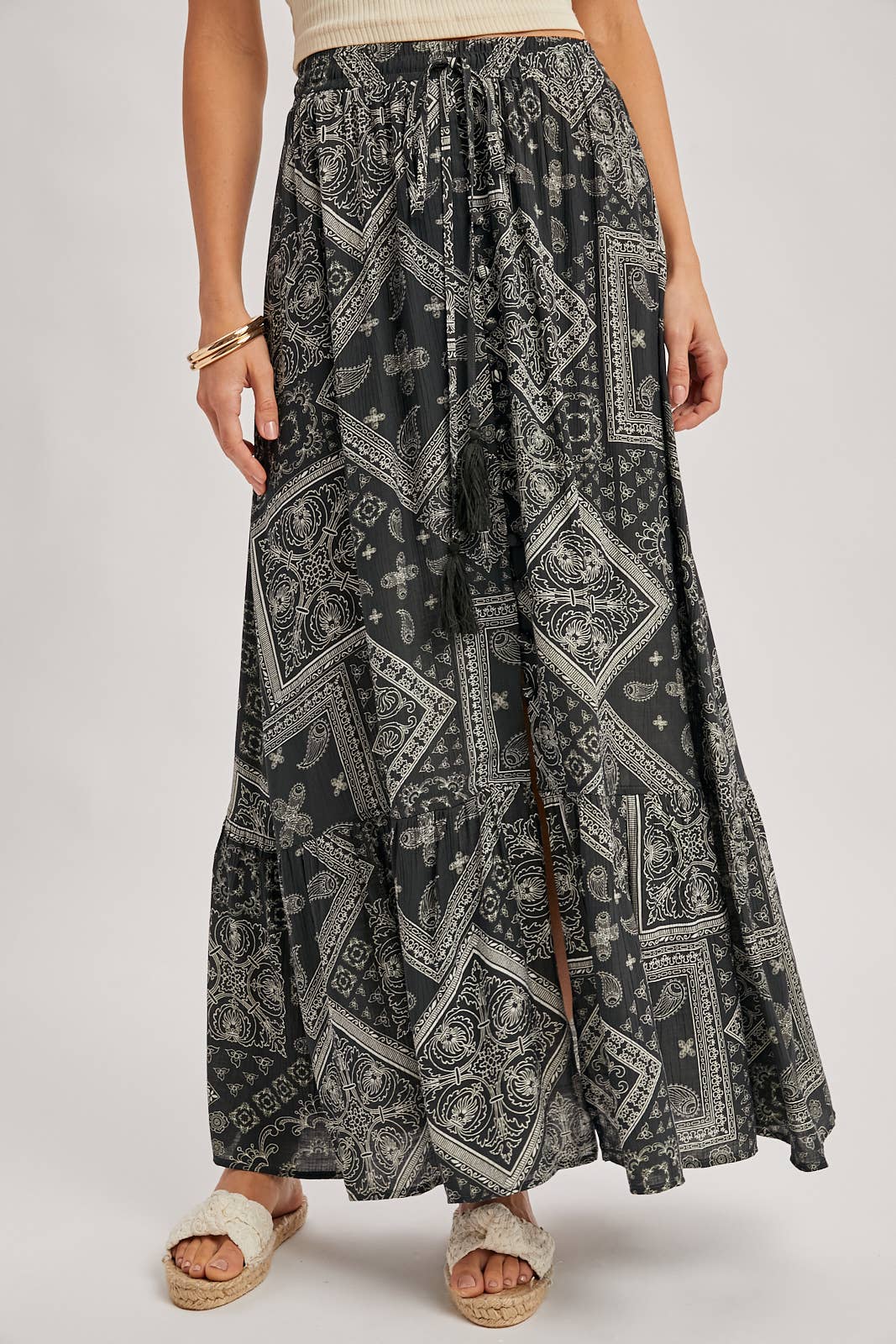 BOHO PRINT TIERED BUTTON DOWN FRONT MAXI SKIRT