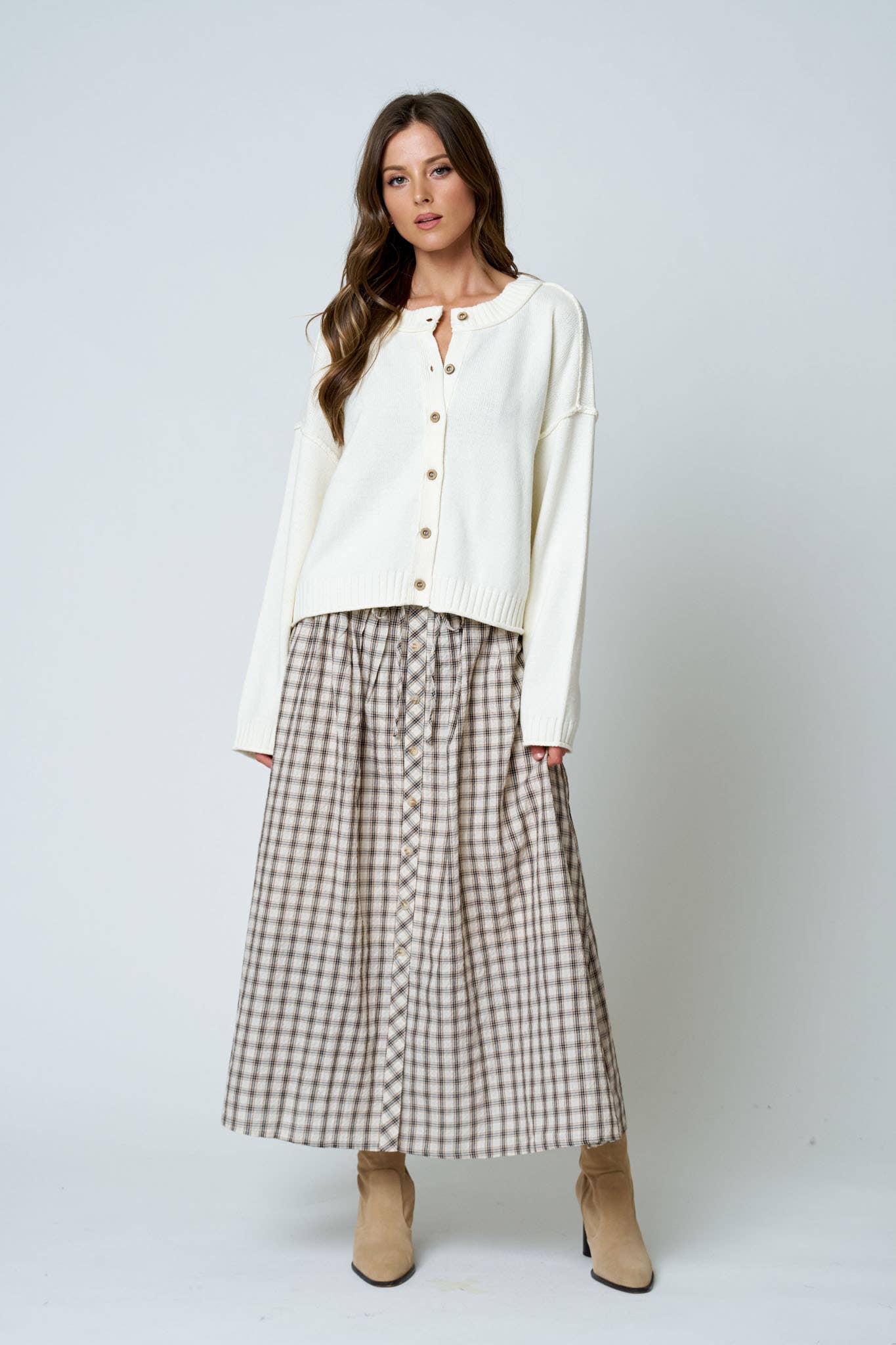 Plaid Smocked Waist Button Down Midi Skirt