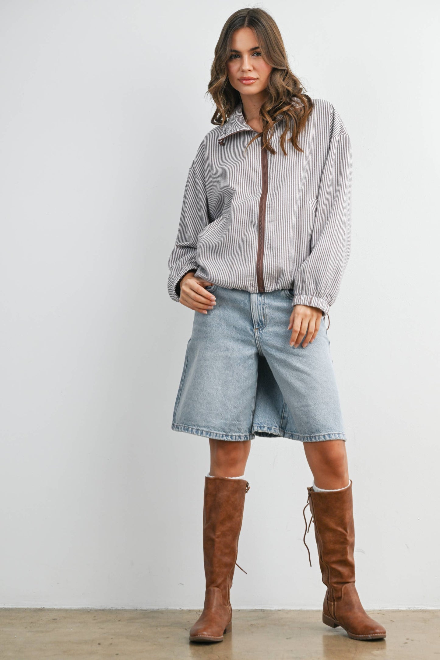 Striped Collared Zip-Front Drawstring Jacket - BMJ7991