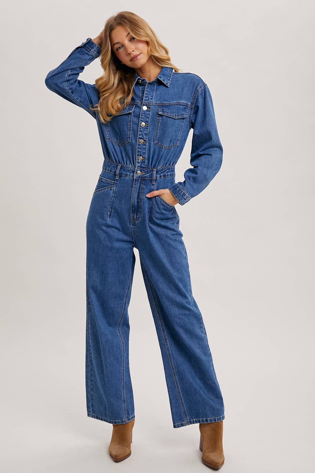 Button Down Denim Straight Leg Jumpsuit
