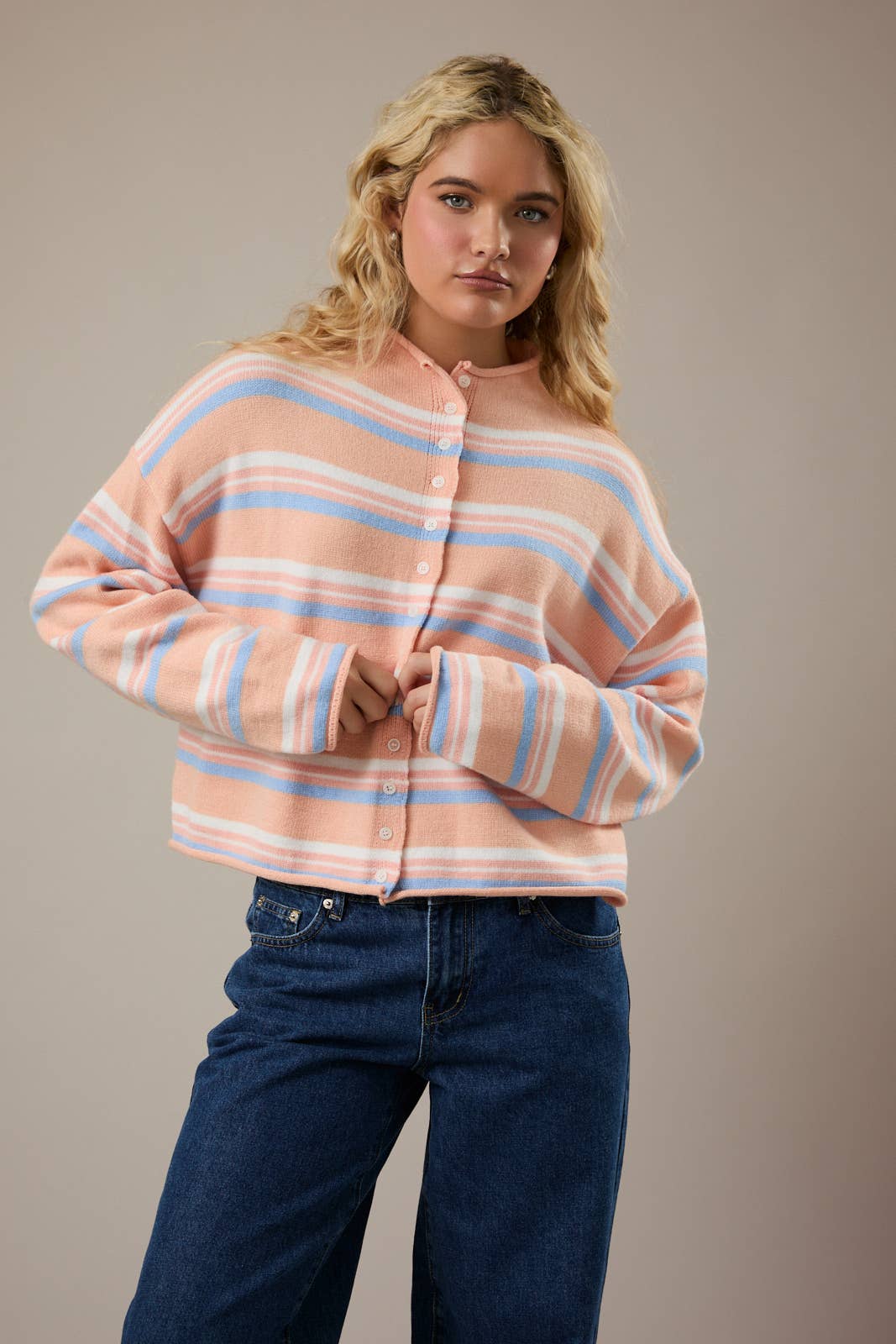 ROLL HEM BUTTONS DETAIL STRIPED CARDIGAN