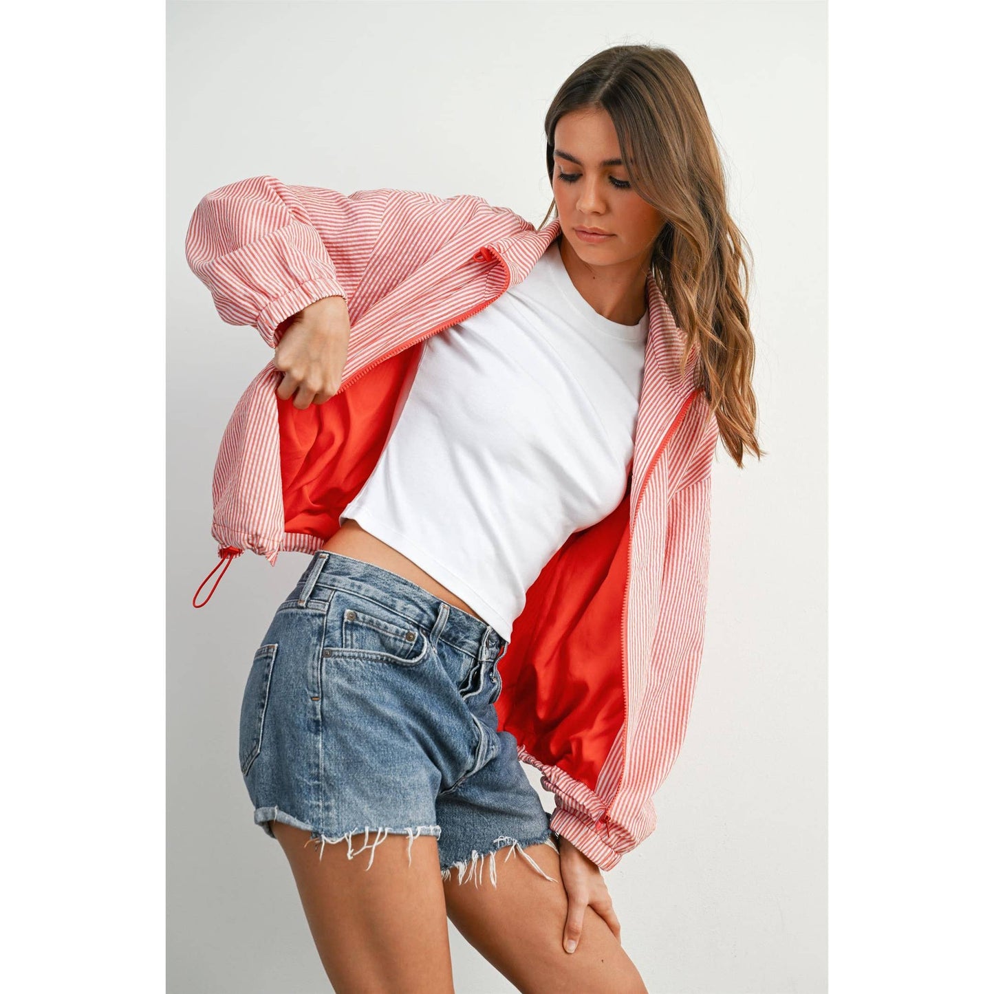 Striped Collared Zip-Front Drawstring Jacket - BMJ7991