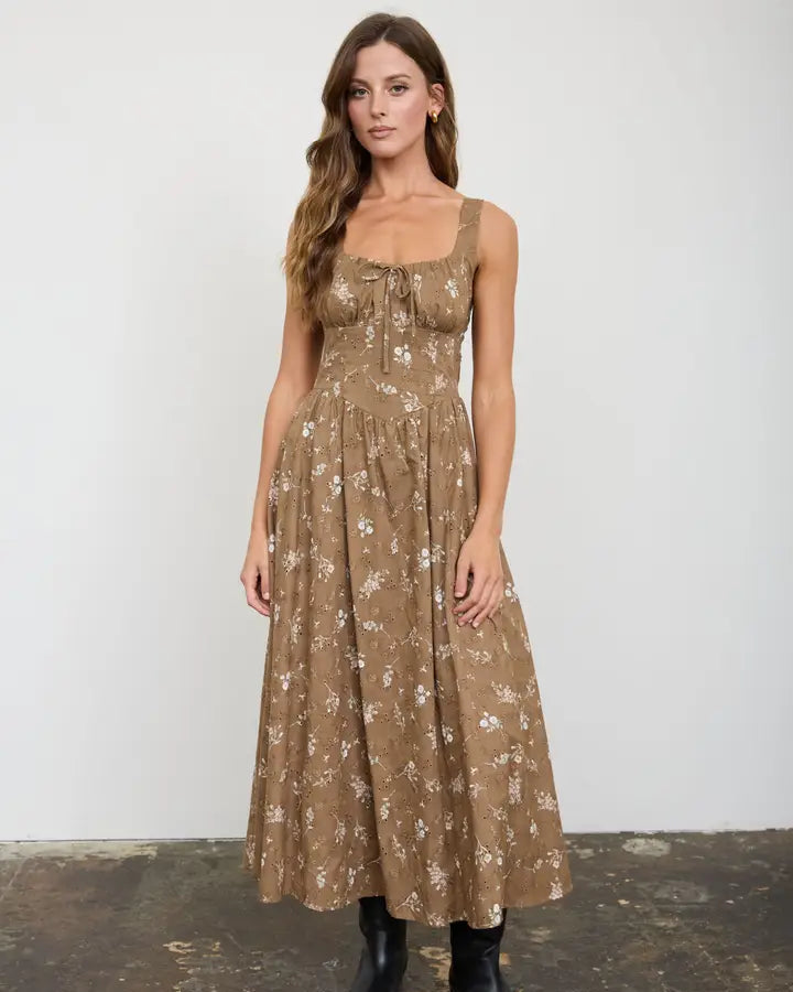 Floral Eyelet Tie Front Corset Midi Dress
