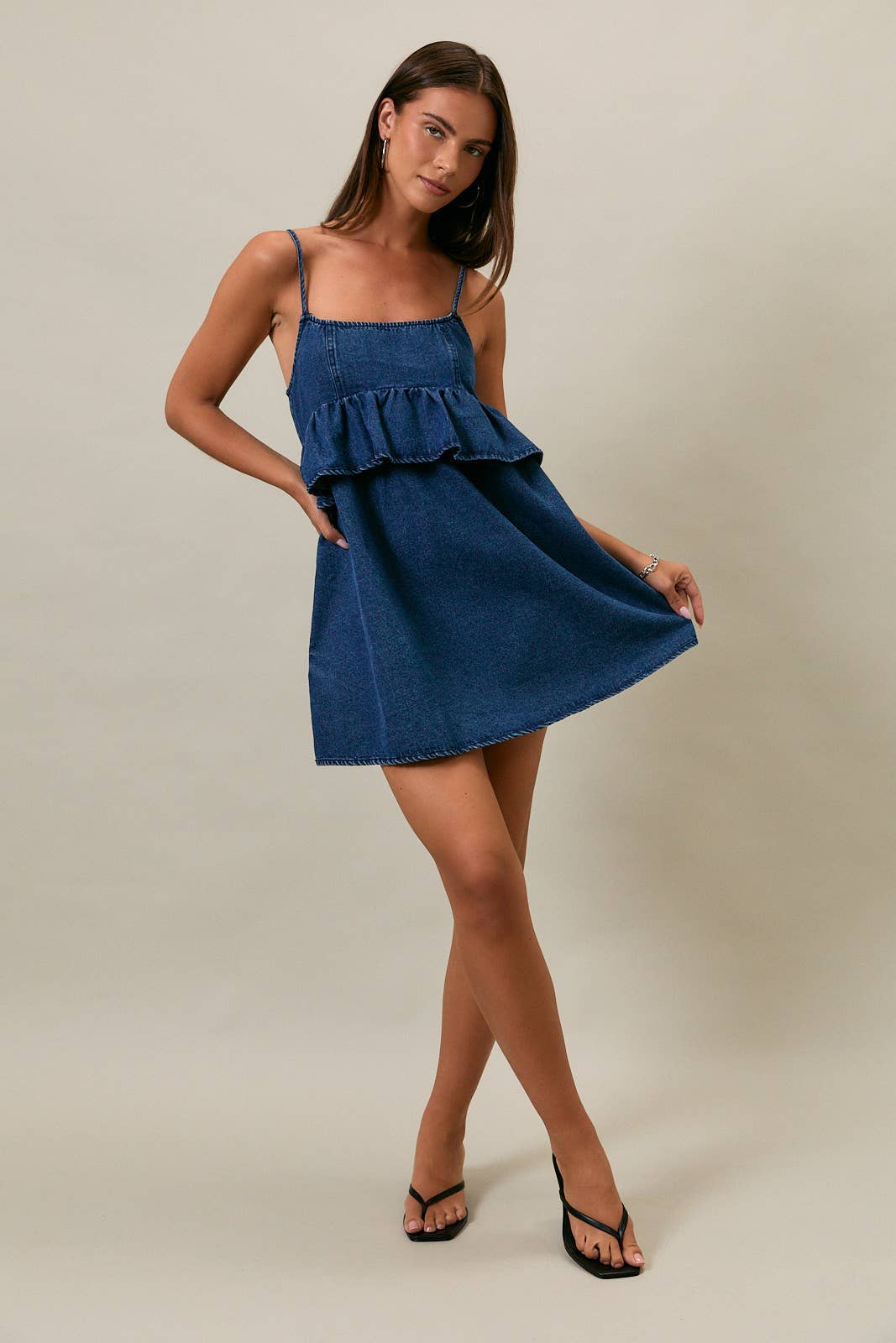 RUFFLE DETAIL SPAGHETTI DENIM DRESS