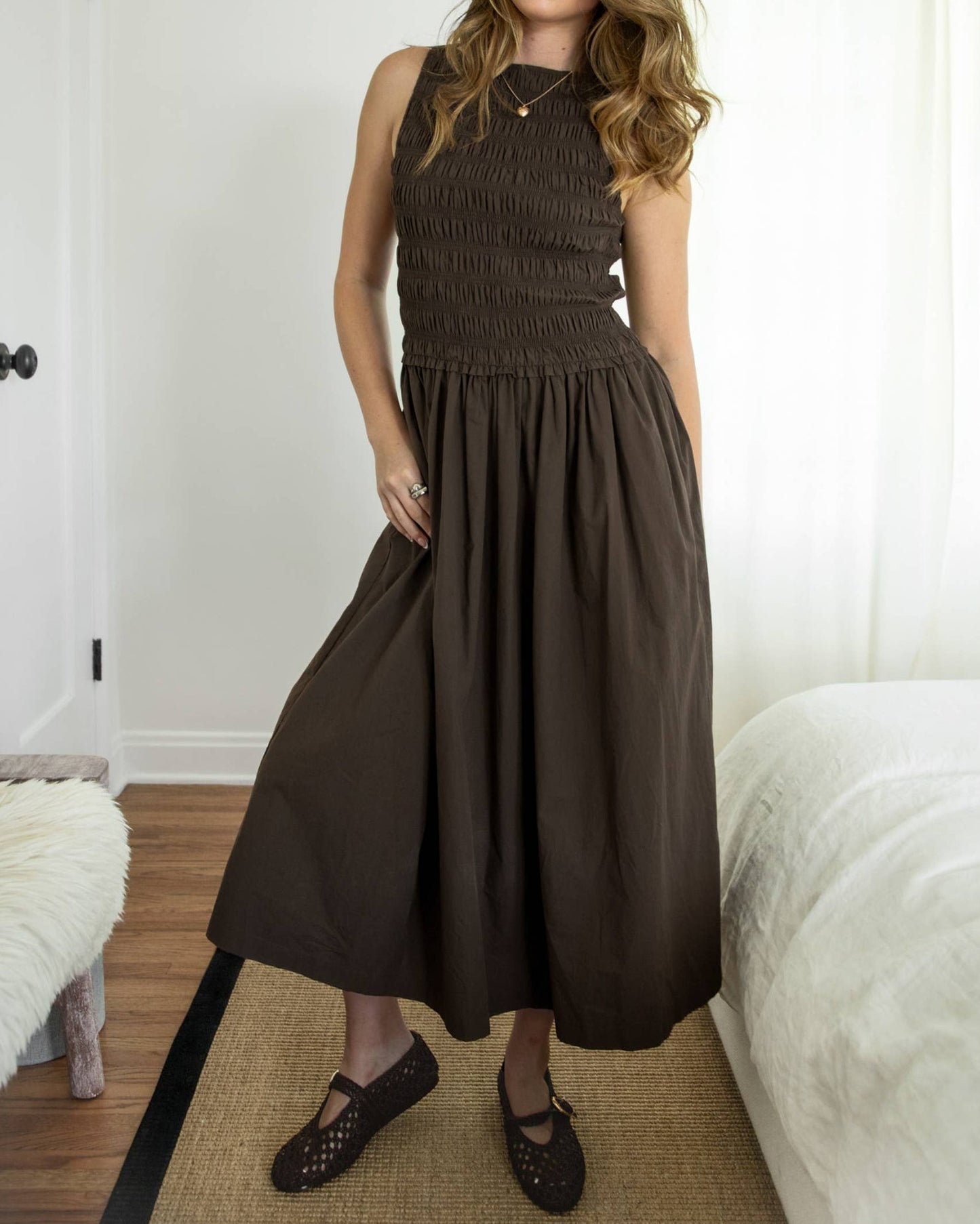 Boat Neck Poplin Smocked Dress