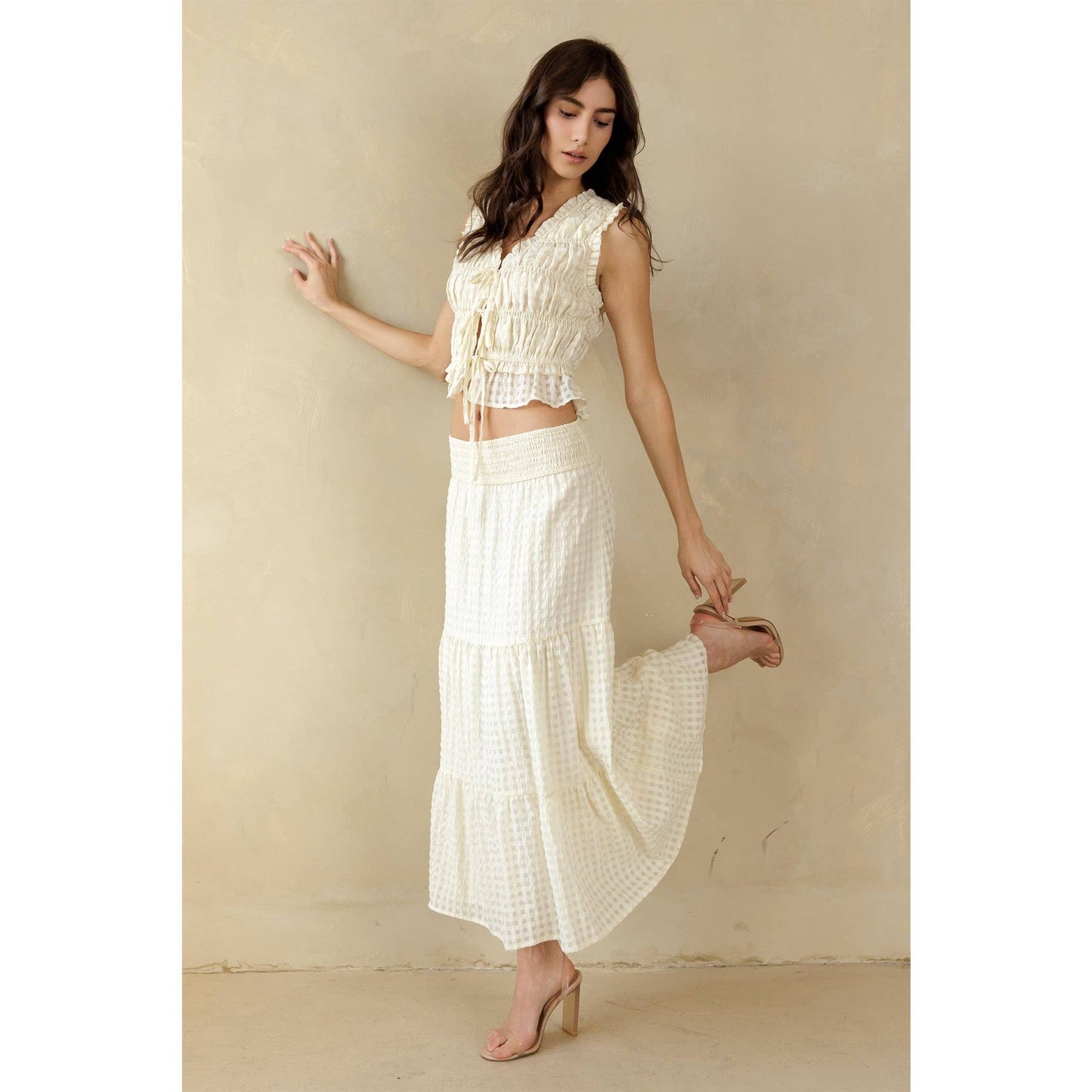 Cream Textured Midi Skirt