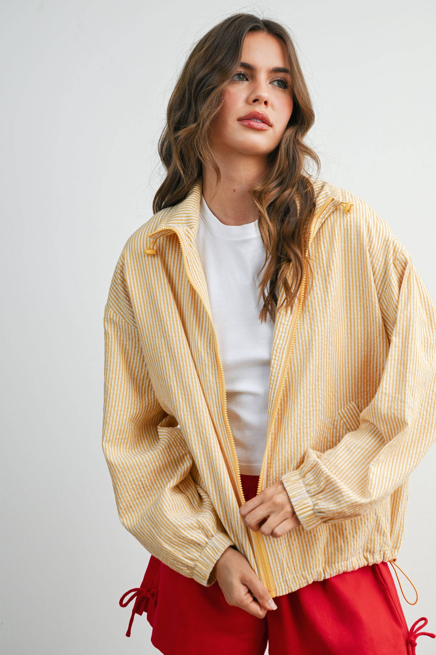 Striped Collared Zip-Front Drawstring Jacket - BMJ7991