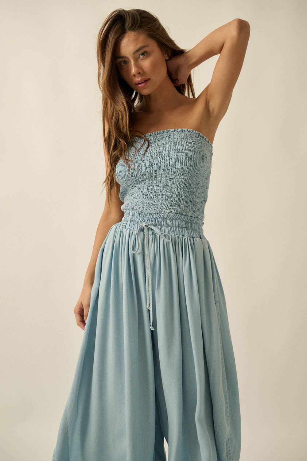 Tencel Denim Smocked Strapless Jumpsuit