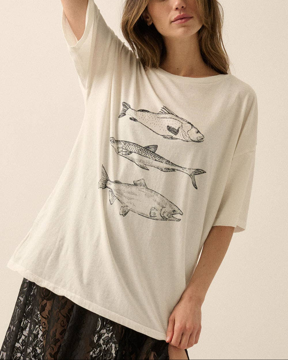 Three Fishes Garment-Washed Oversize Graphic Tee