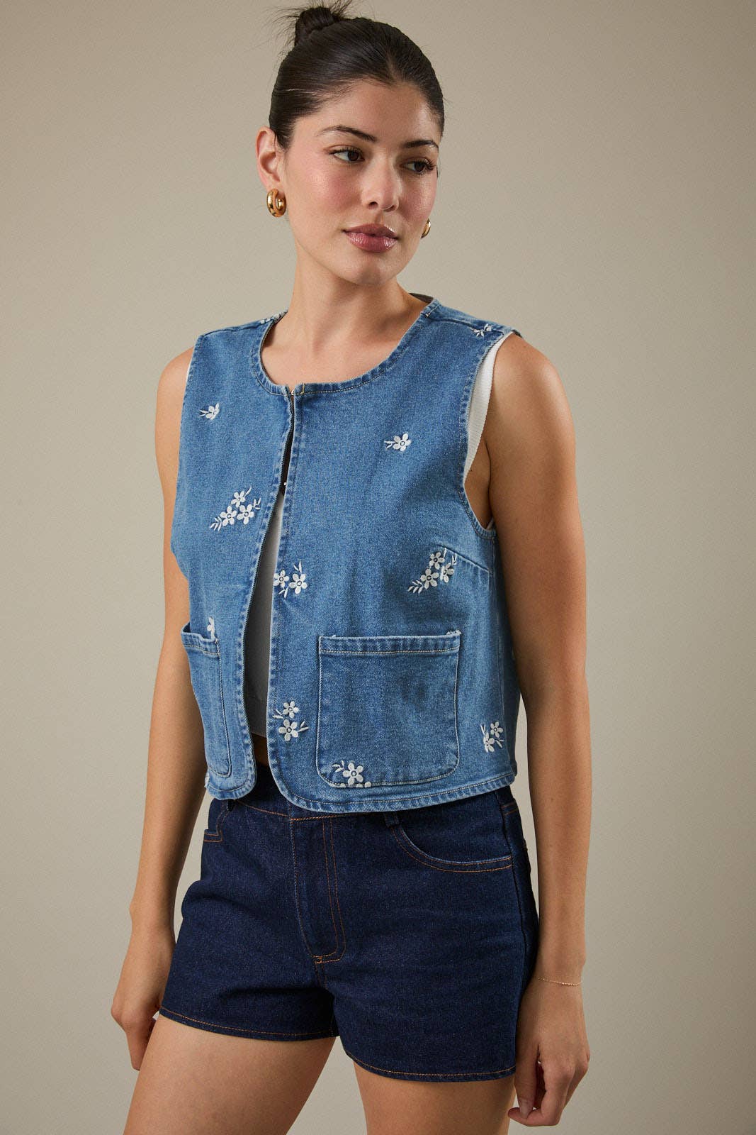 Flower Embroidered Pocket Denim Vest