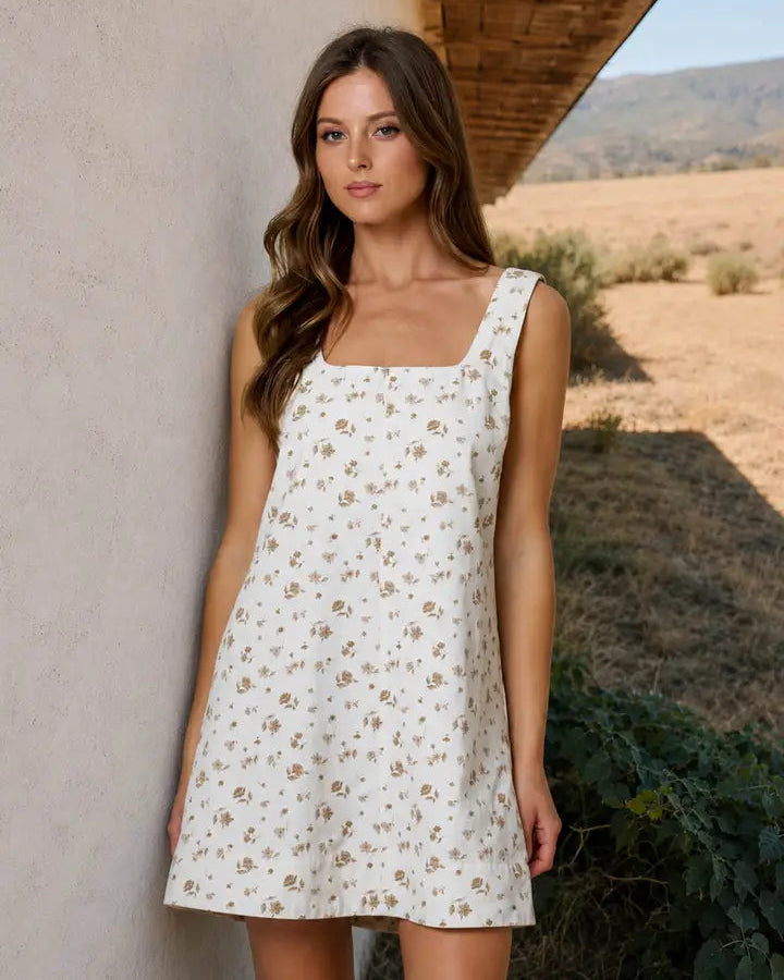 Floral Front Seam Sleeveless Denim Mini Dress