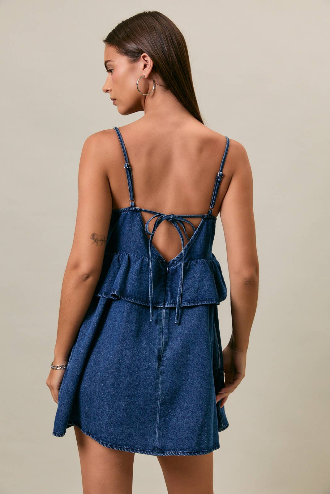 RUFFLE DETAIL SPAGHETTI DENIM DRESS