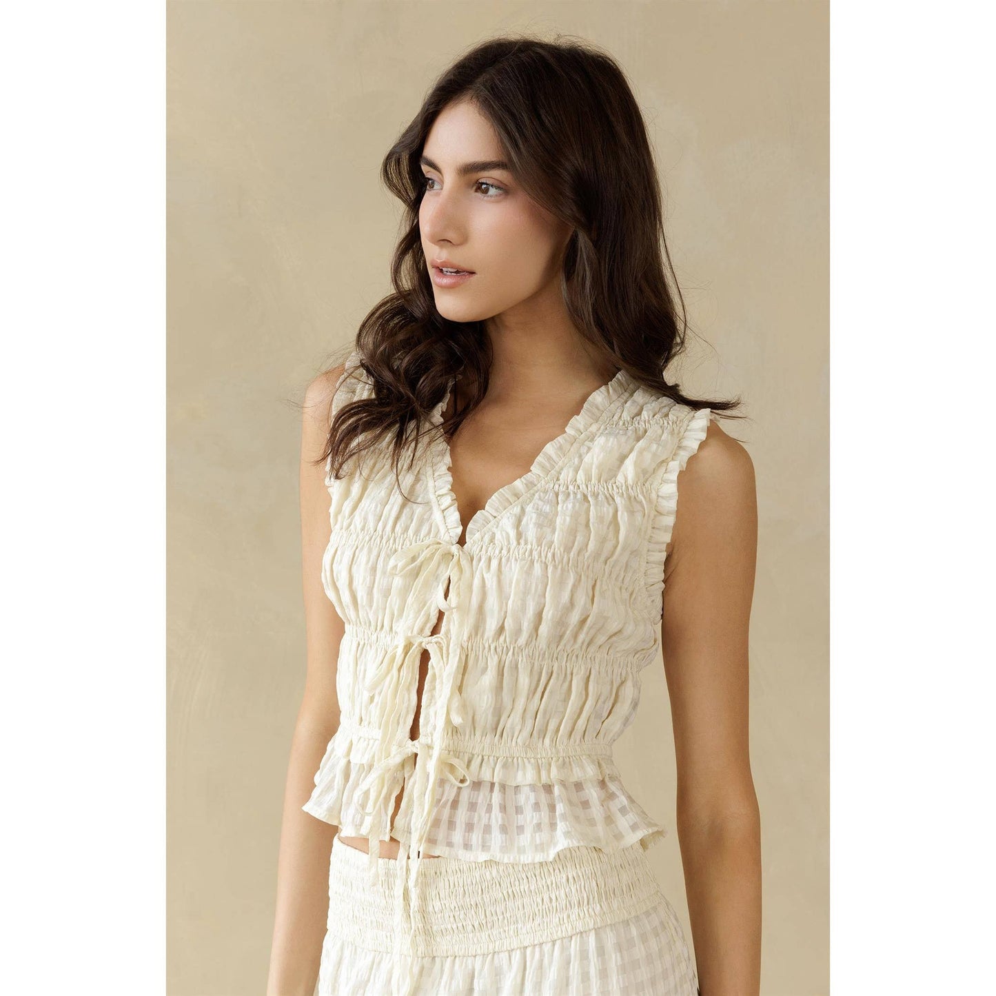 Cream Textured Smocked Blouse